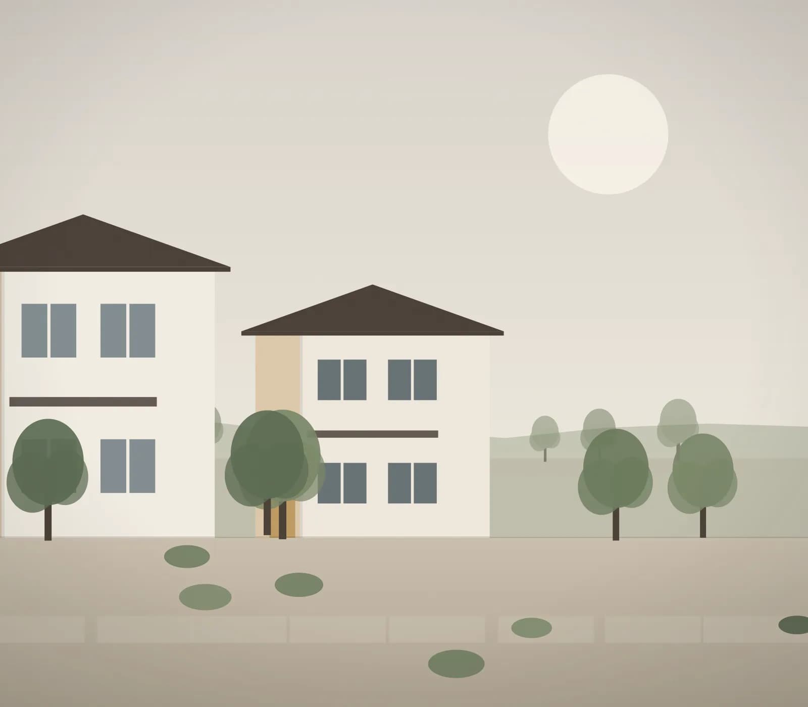 Ilustrasi rumah dua lantai dengan pepohonan di tepi jalan