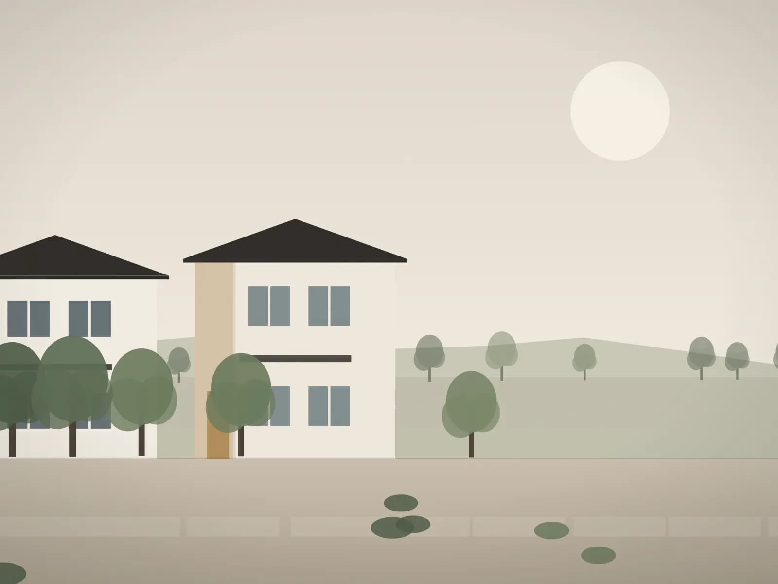 Ilustrasi rumah dua lantai dilihat dari jalan berpaving