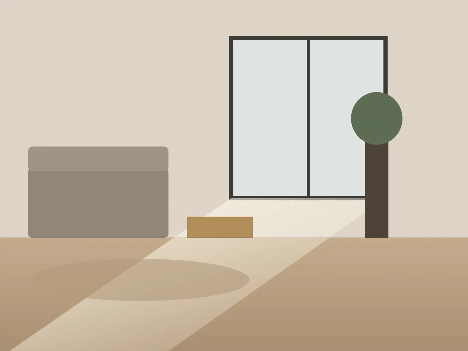 Illustration of a furnished room with full-height glazing along one wall