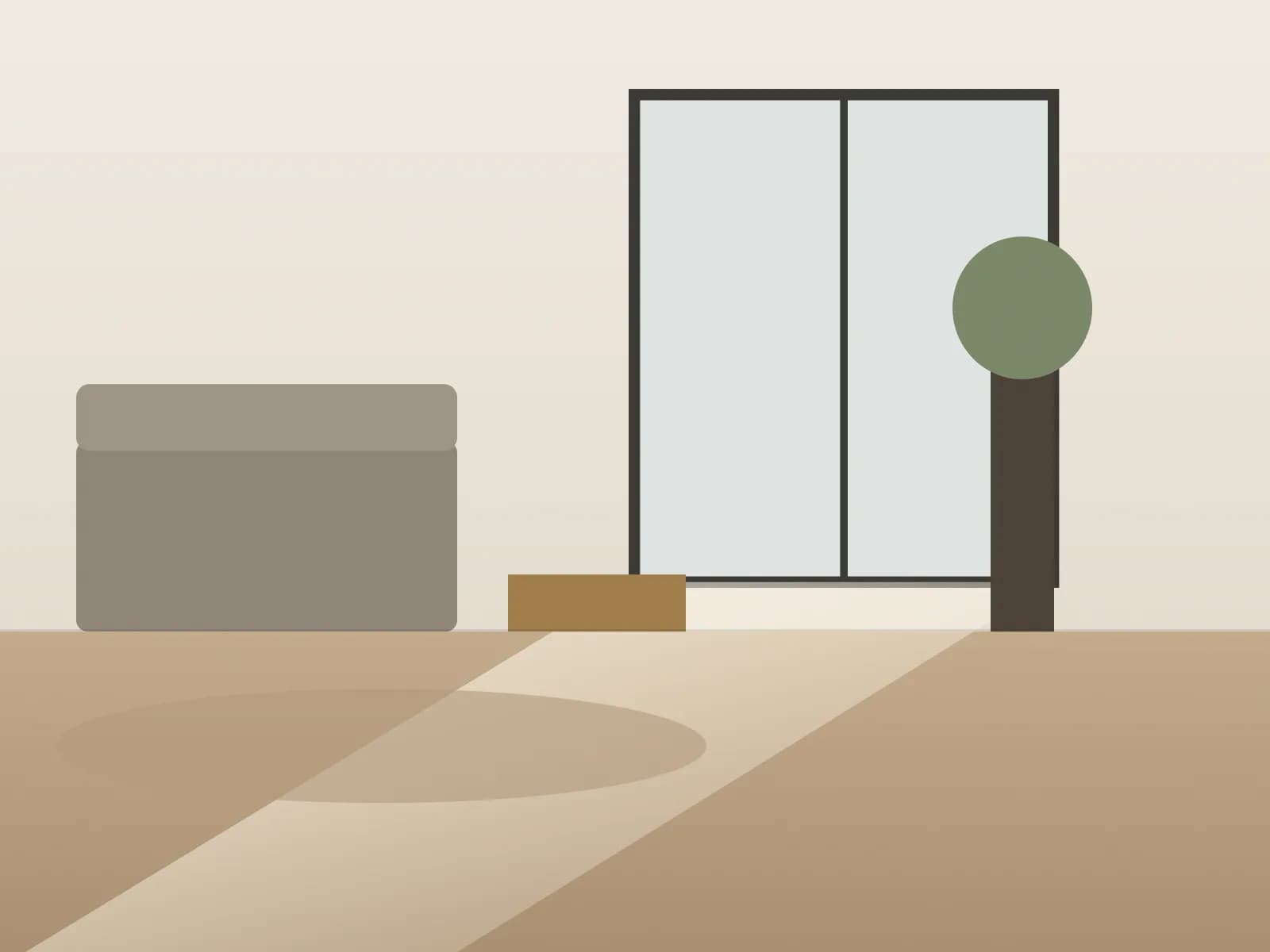 Illustration of a furnished room with a rug, a low cabinet and a potted plant