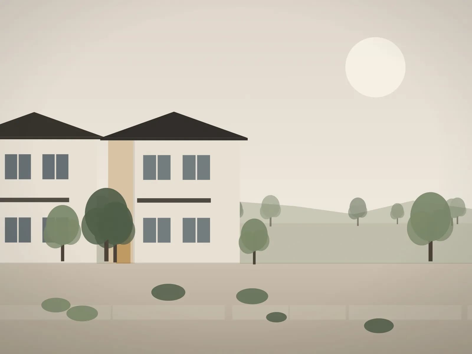 Ilustrasi rumah dua lantai dilihat dari jalan berpaving