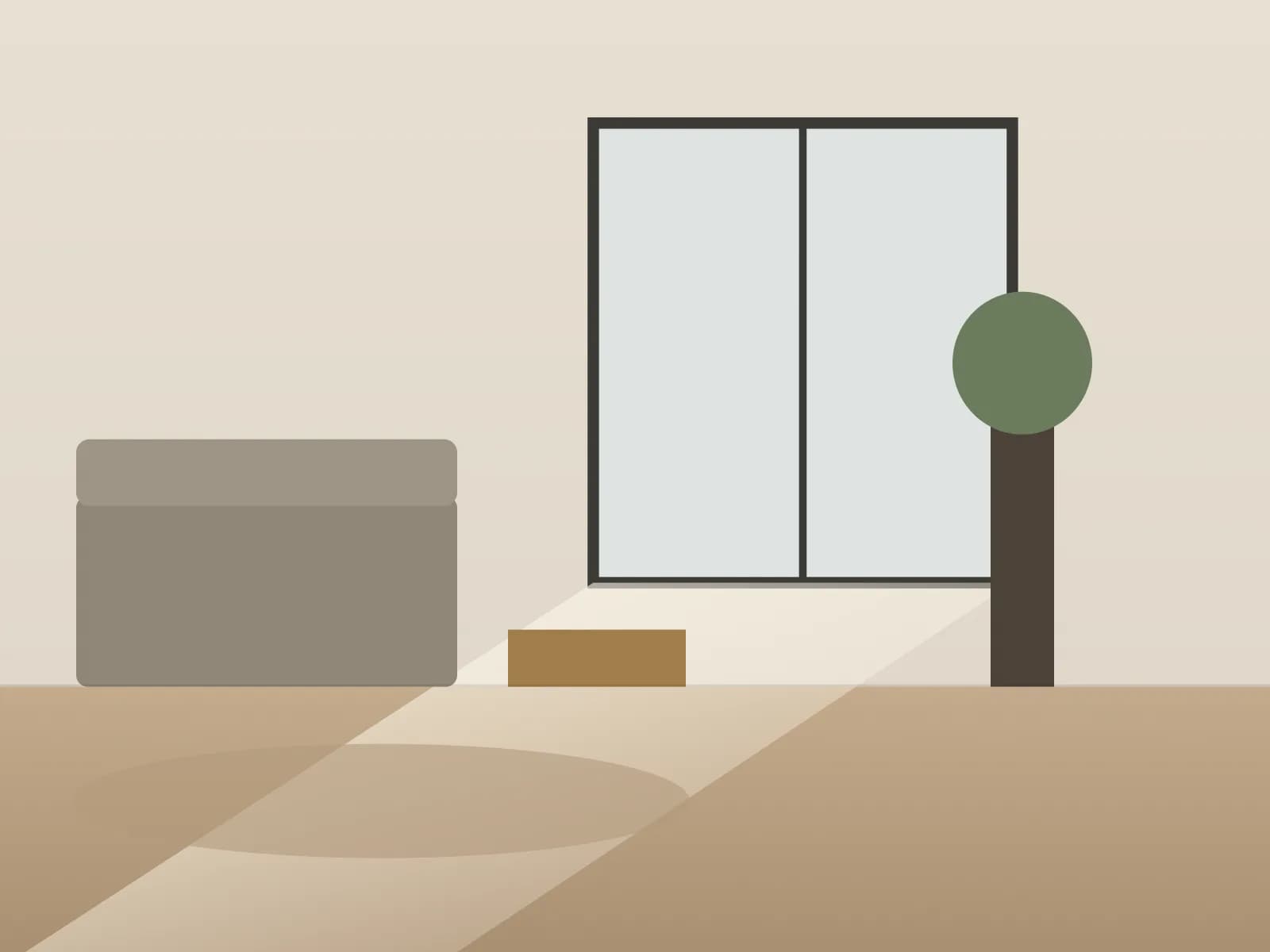 Illustration of a furnished room with full-height glazing along one wall