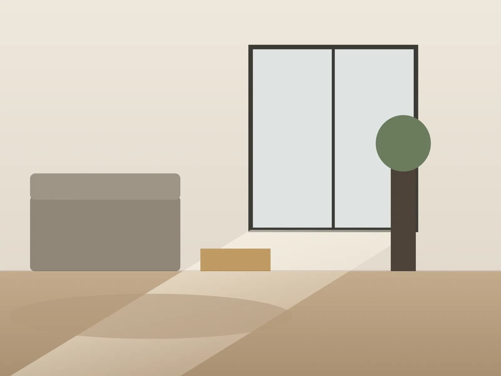 Illustration of a furnished room with a rug, a low cabinet and a potted plant