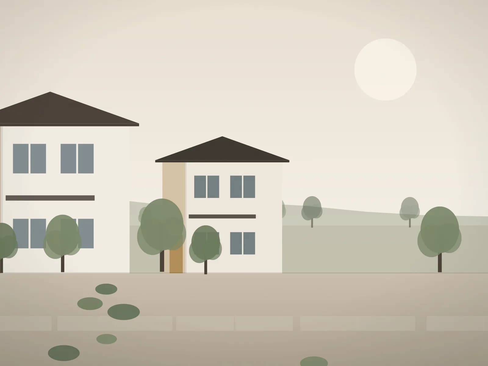Ilustrasi rumah dua lantai dilihat dari jalan berpaving